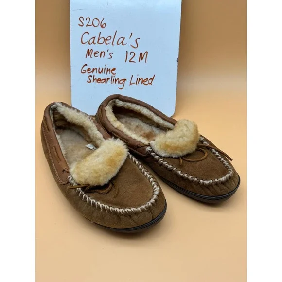 Cabelas Mens 12 M Brown Suede Genuine Shearling Lined Moccasin Shoes Slippers - Picture 1 of 8